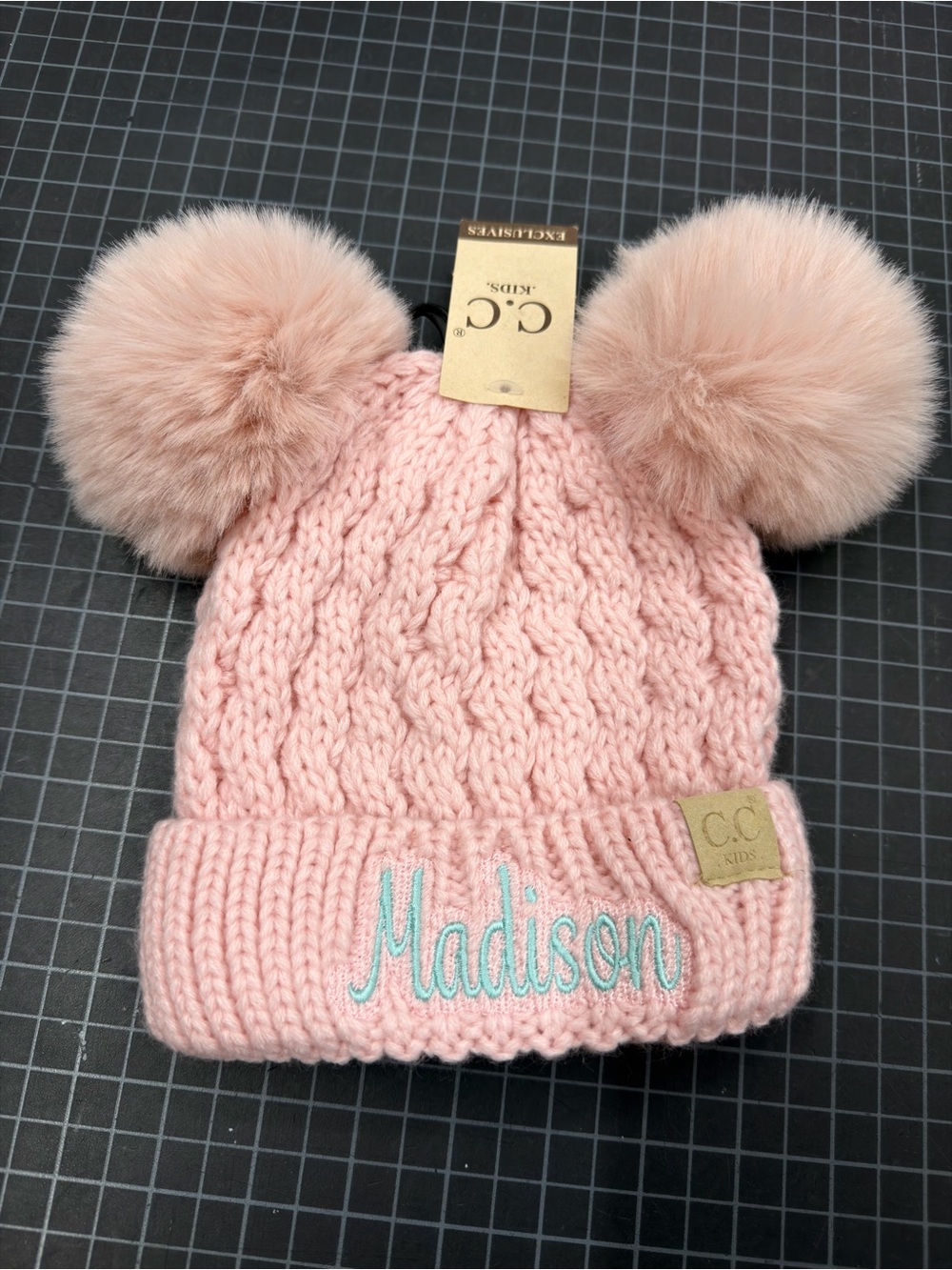 NWT CC Beanie Rose Pink Double Fur Pom Beanie - Personalized with MADISON